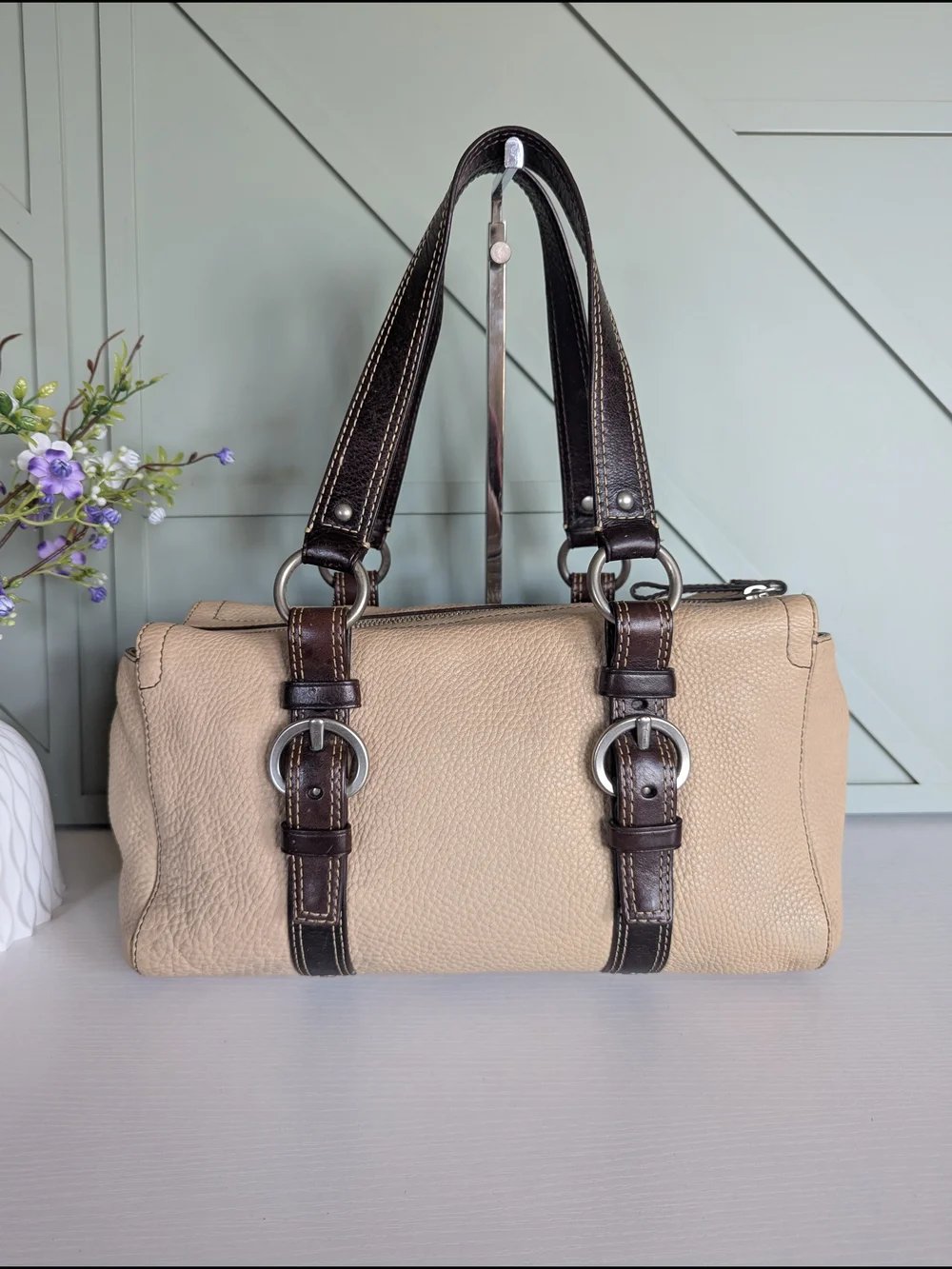 Coach Beige Leather Satchel with Dark Brown Straps